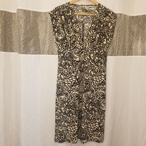 Norma Kamali V-Neck Floral Print Midi Dress, Size L, Cream, Black, NWOT